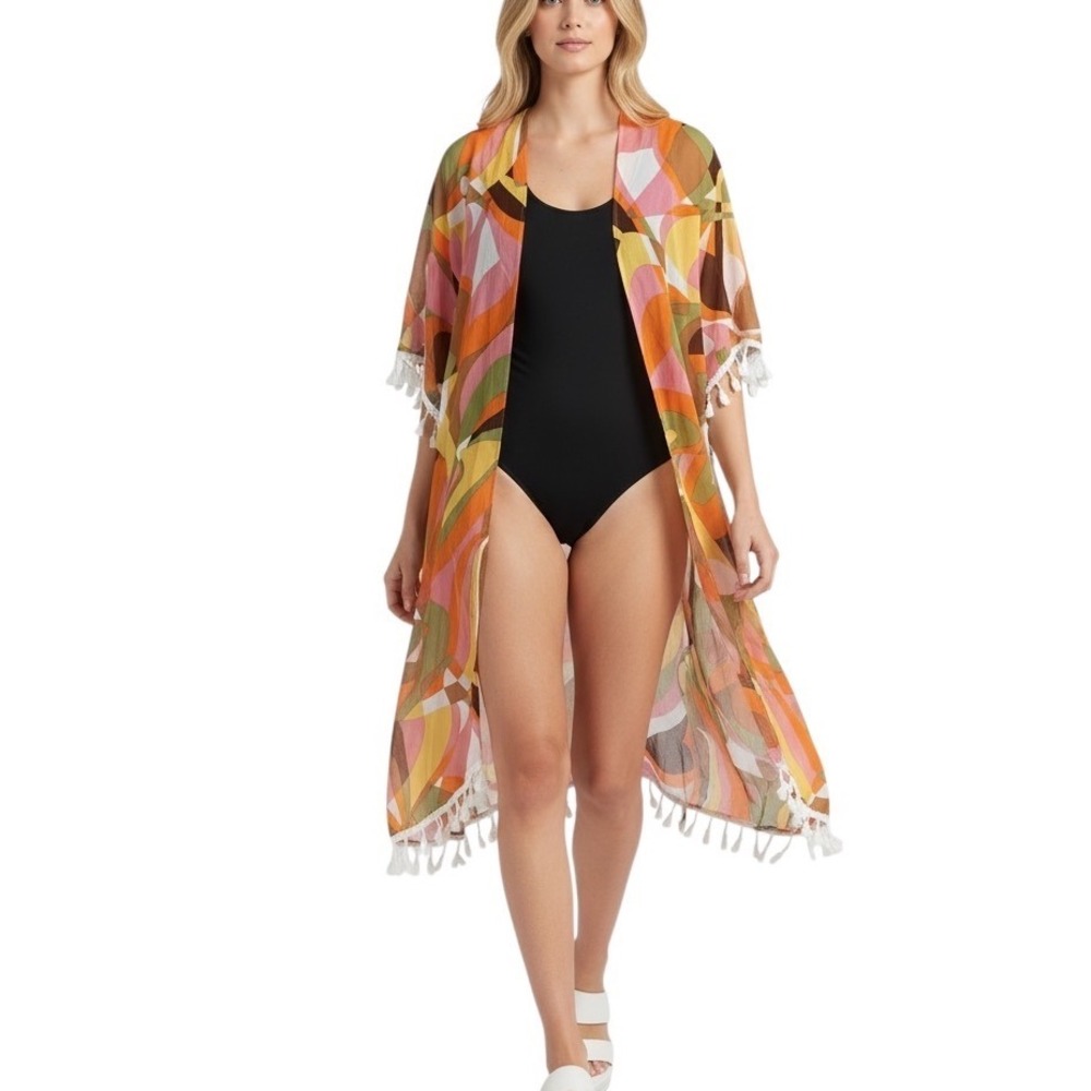 RoomMates Womens Retro 70s Psychedelic Print Kimono Tassel Fringe Wrap Orange M